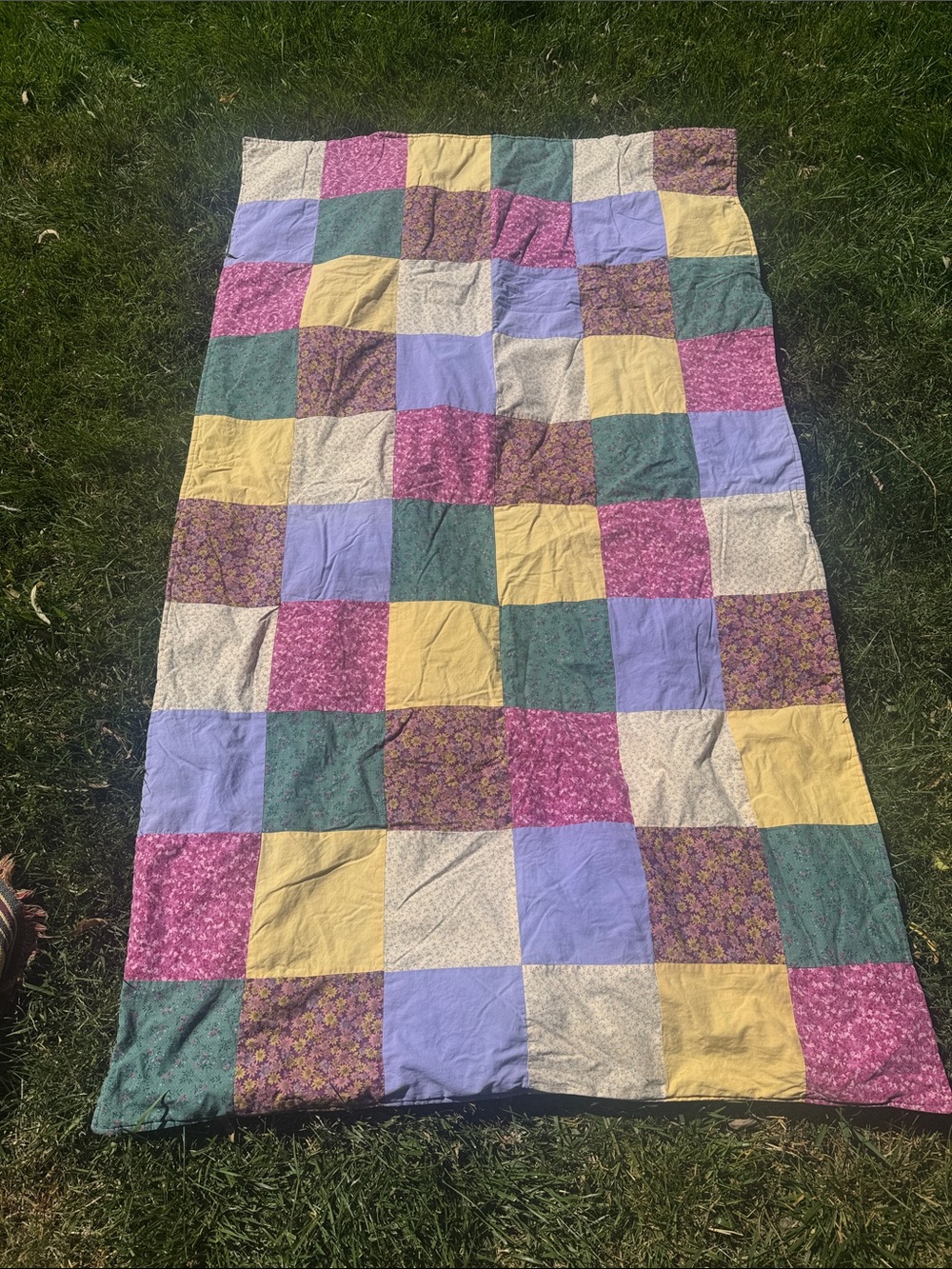 Patchwork Quilt Blanket in Yellow, Purple, Green, Pink